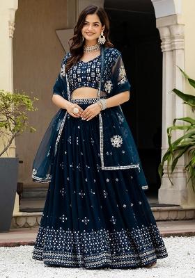 Teal Blue Zari Sequence Embroidery Work Georgette Lehenga Choli