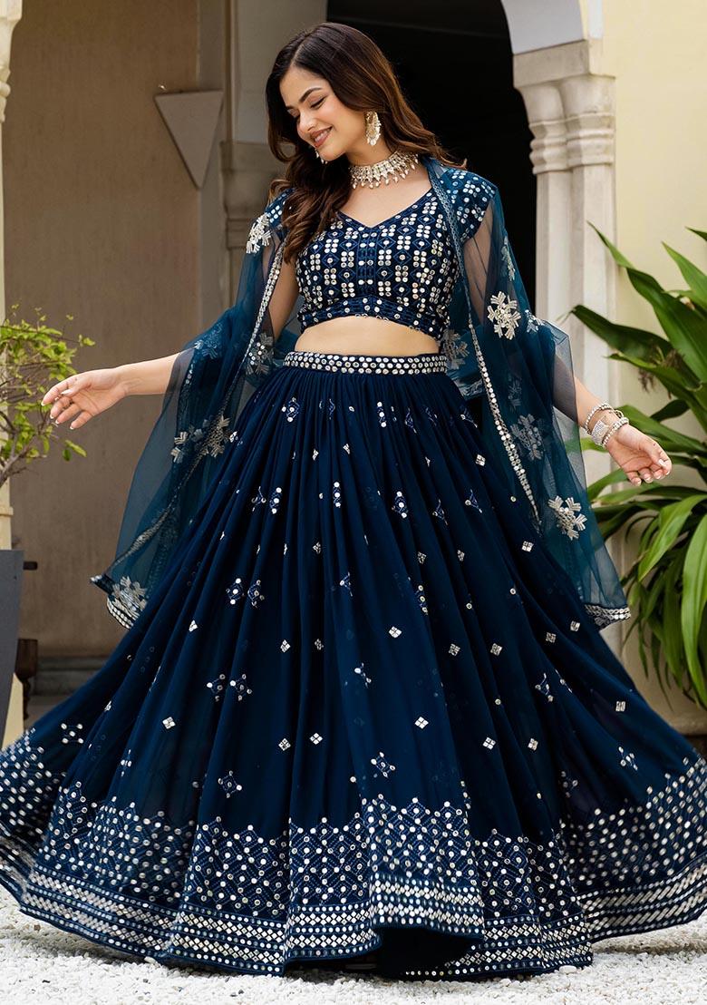 Teal Blue Zari Sequence Embroidery Work Georgette Lehenga Choli - Indya