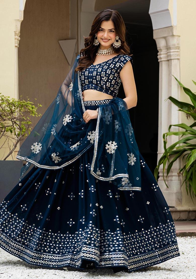 Teal Blue Zari Sequence Embroidery Work Georgette Lehenga Choli - Indya