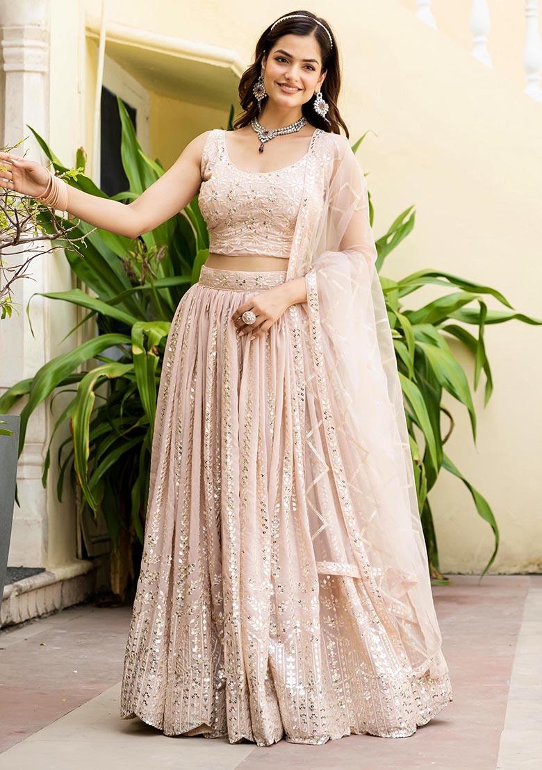 Peach Zari Sequence Embroidery Work Georgette Lehenga Choli - Indya