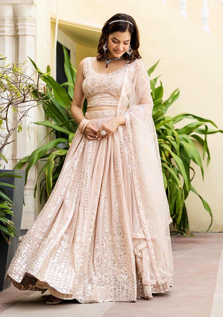 Peach Zari Sequence Embroidery Work Georgette Lehenga Choli - Indya