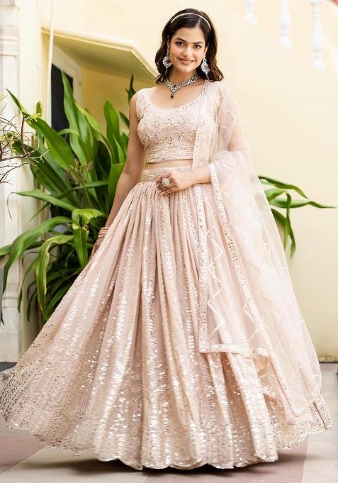 Peach Zari Sequence Embroidery Work Georgette Lehenga Choli