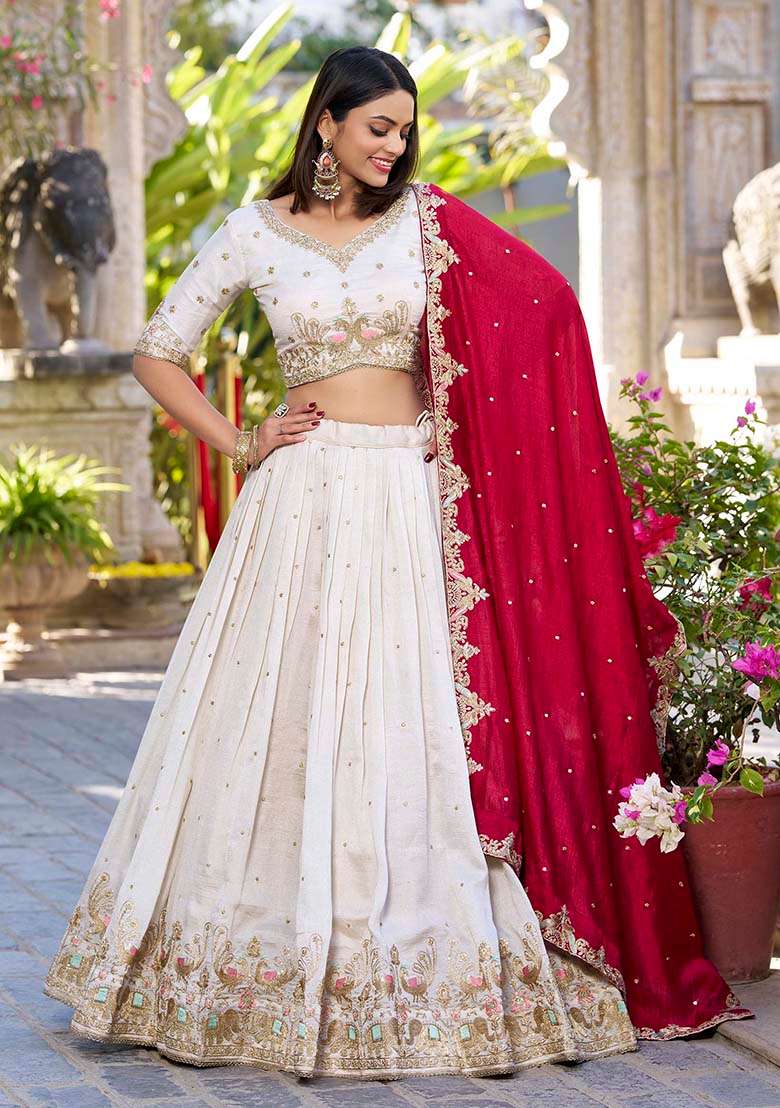 White Zari Sequence Choli Silk Blend Lehenga with Embroidery & Thread Work for Diwali | Wedding & Festive Wear - Indya