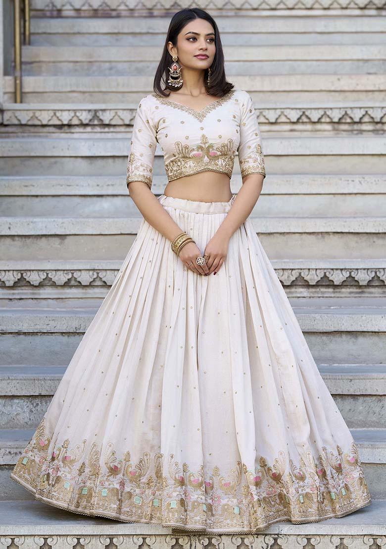 White Zari Sequence Thread Embroidery Work Silk Lehenga Choli - Indya