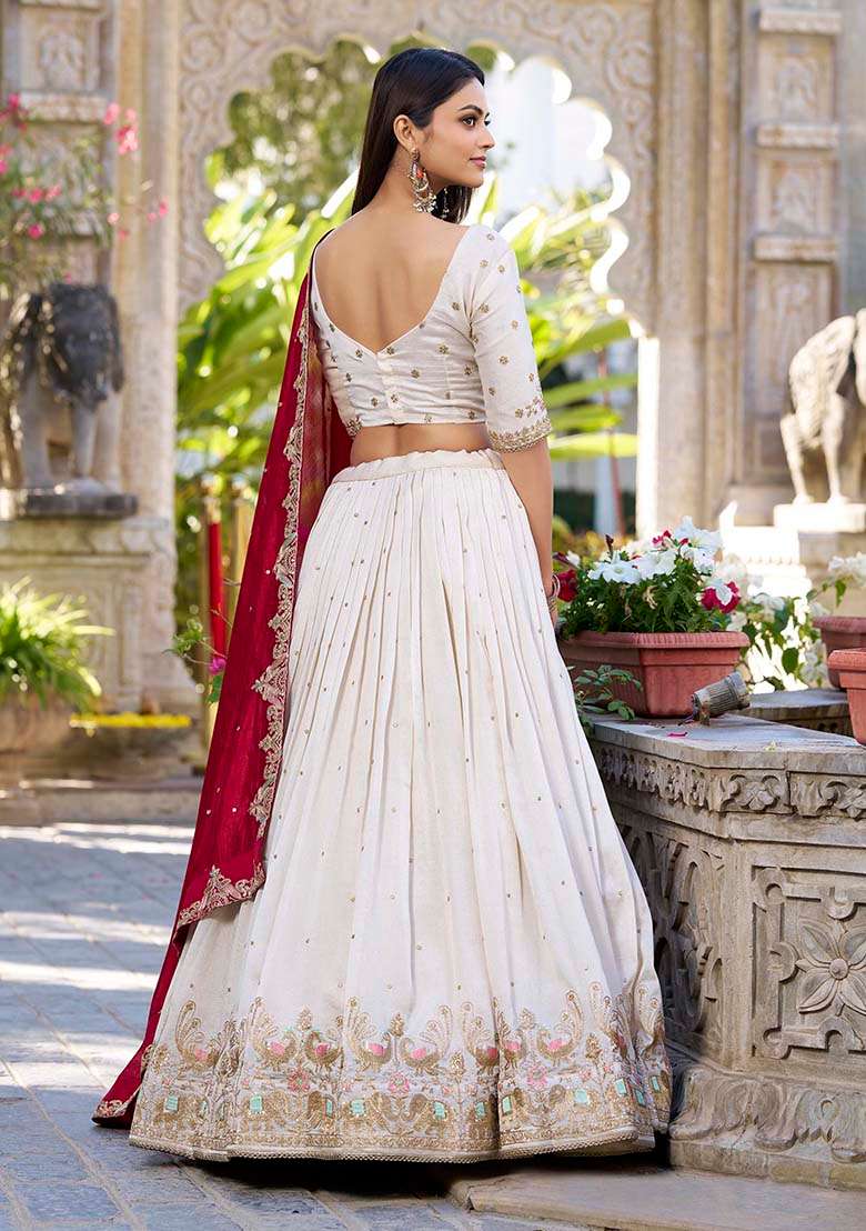 White Zari Sequence Choli Silk Blend Lehenga with Embroidery & Thread Work for Diwali | Wedding & Festive Wear - Indya