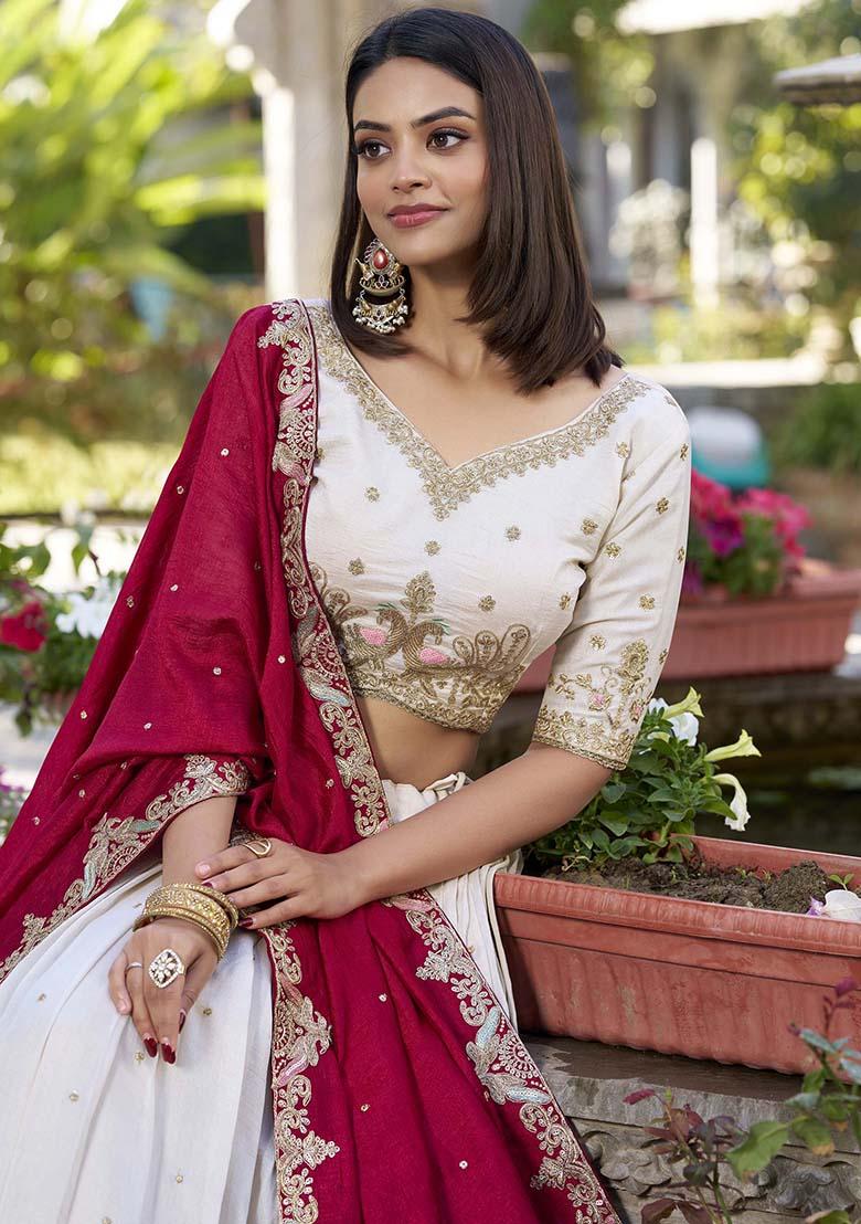 White Zari Sequence Thread Embroidery Work Silk Lehenga Choli - Indya