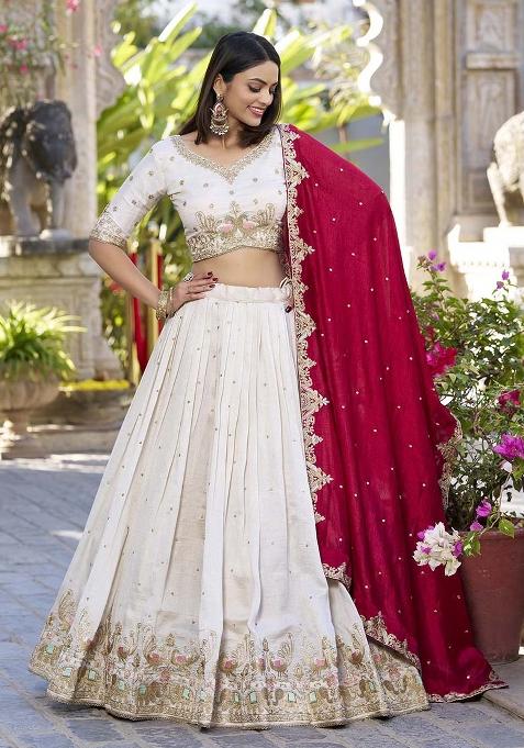 White Zari Sequence Thread Embroidery Work Silk Lehenga Choli