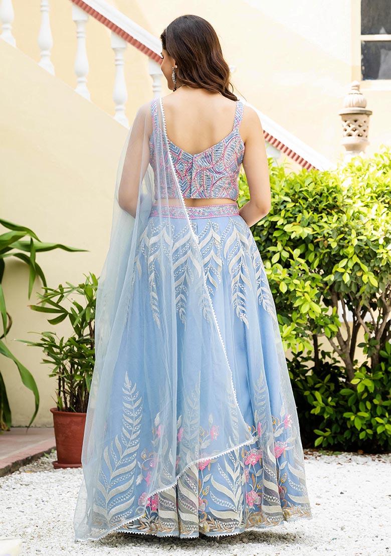Sky Blue Zari Sequence Embroidery Net Lehenga Choli