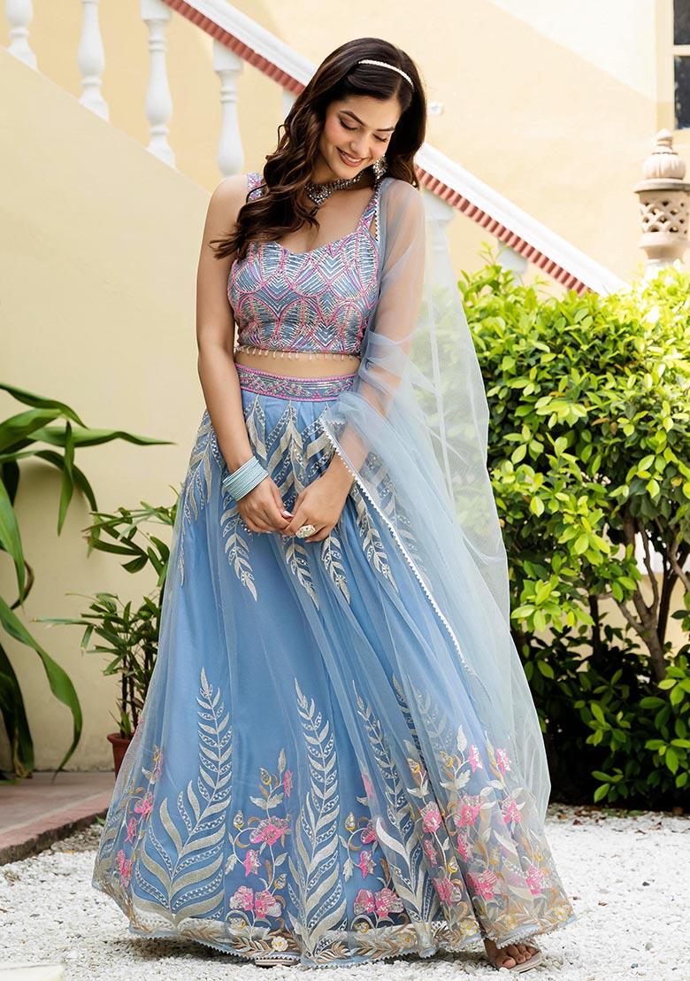 Sky Blue Zari Sequence Embroidery Net Lehenga Choli - Indya