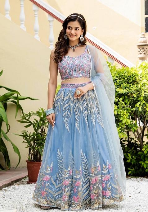 Sky Blue Zari Sequence Embroidery Net Lehenga Choli