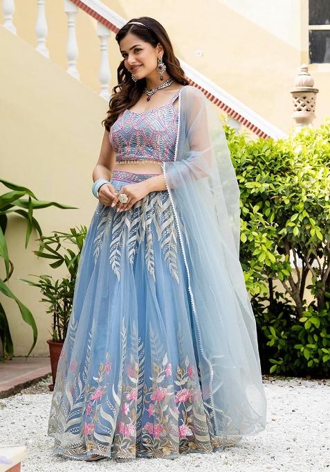 Sky Blue Zari Sequence Embroidery Net Lehenga Choli