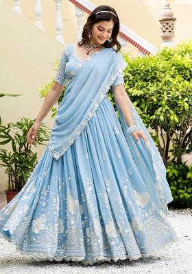 Sky Blue Multi Sequence Embroidery Georgette Lehenga Choli