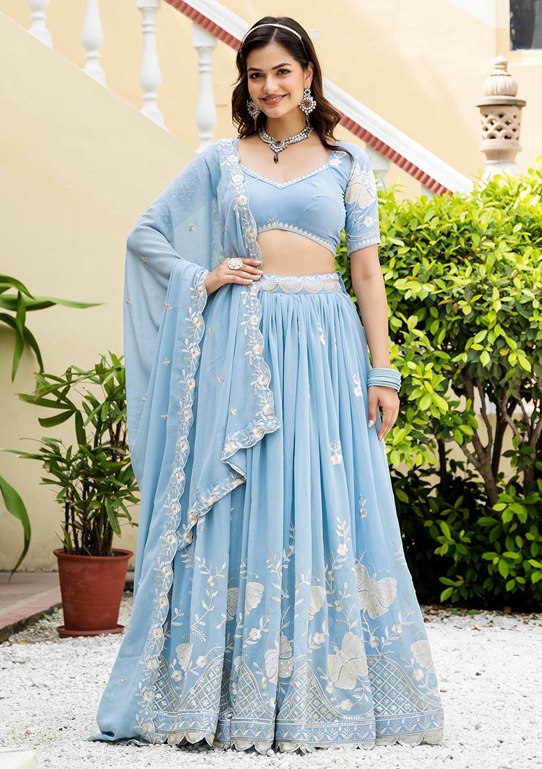 Sky Blue Multi Sequence Embroidery Georgette Lehenga Choli - Indya