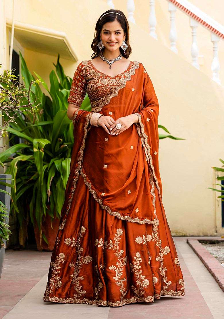 Orange Multi Sequence Work Choli Silk Blend Lehenga with Embroidery for Diwali | Wedding & Festive Wear - Indya
