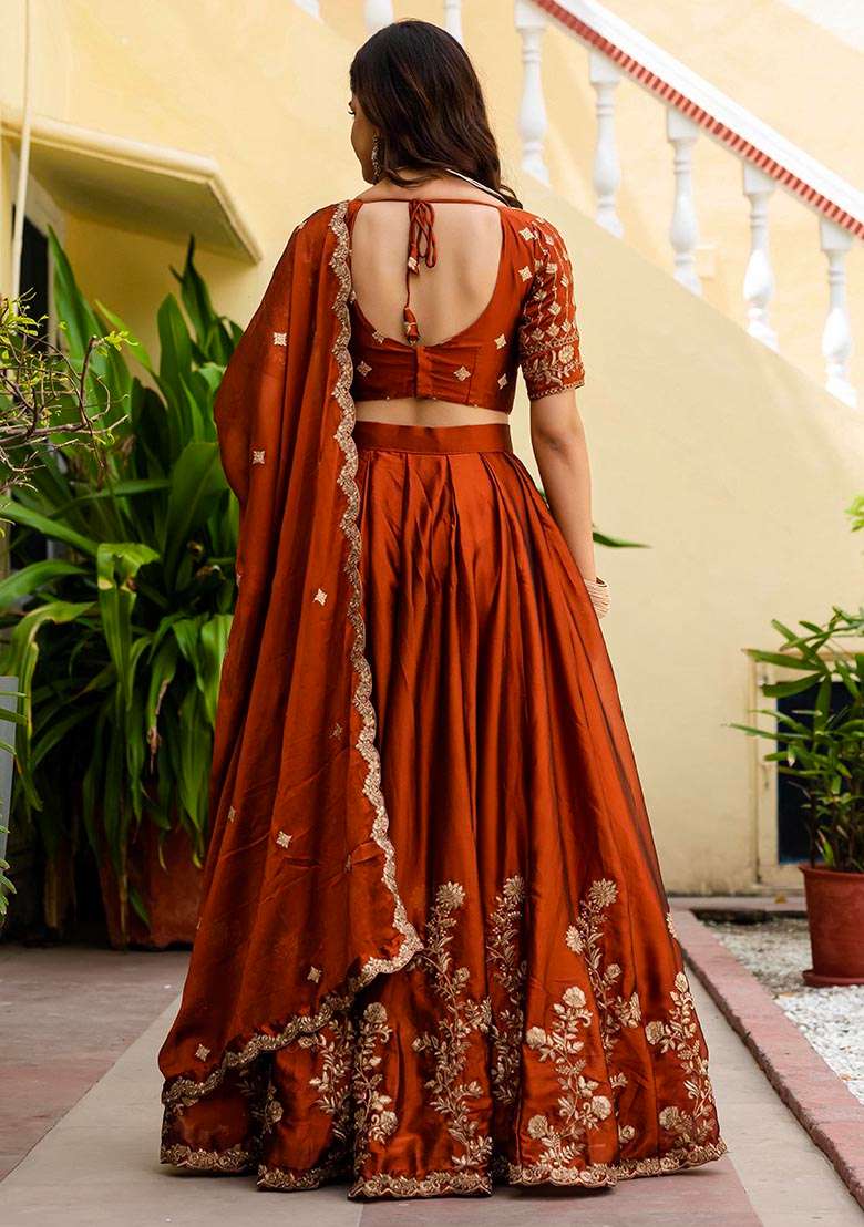 Orange Multi Sequence Work Choli Silk Blend Lehenga with Embroidery for Diwali | Wedding & Festive Wear - Indya