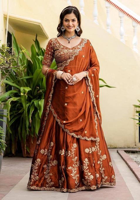 Orange Multi Sequence Embroidery Work Silk Lehenga Choli