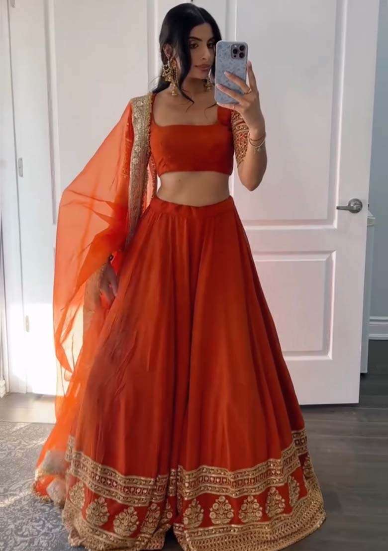 Orange Zari Sequence Work Choli Georgette Lehenga with Embroidery for Diwali | Wedding & Festive Wear - Indya