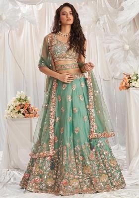 Green Zari Sequence Thread Embroidery Work Organza Lehenga Choli