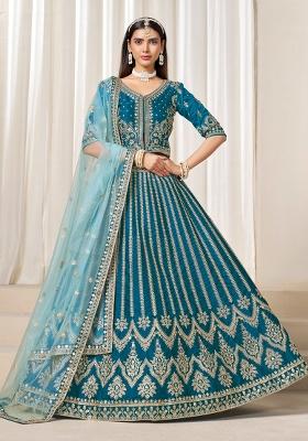 Teal Embroidered Art Silk Lehenga Set