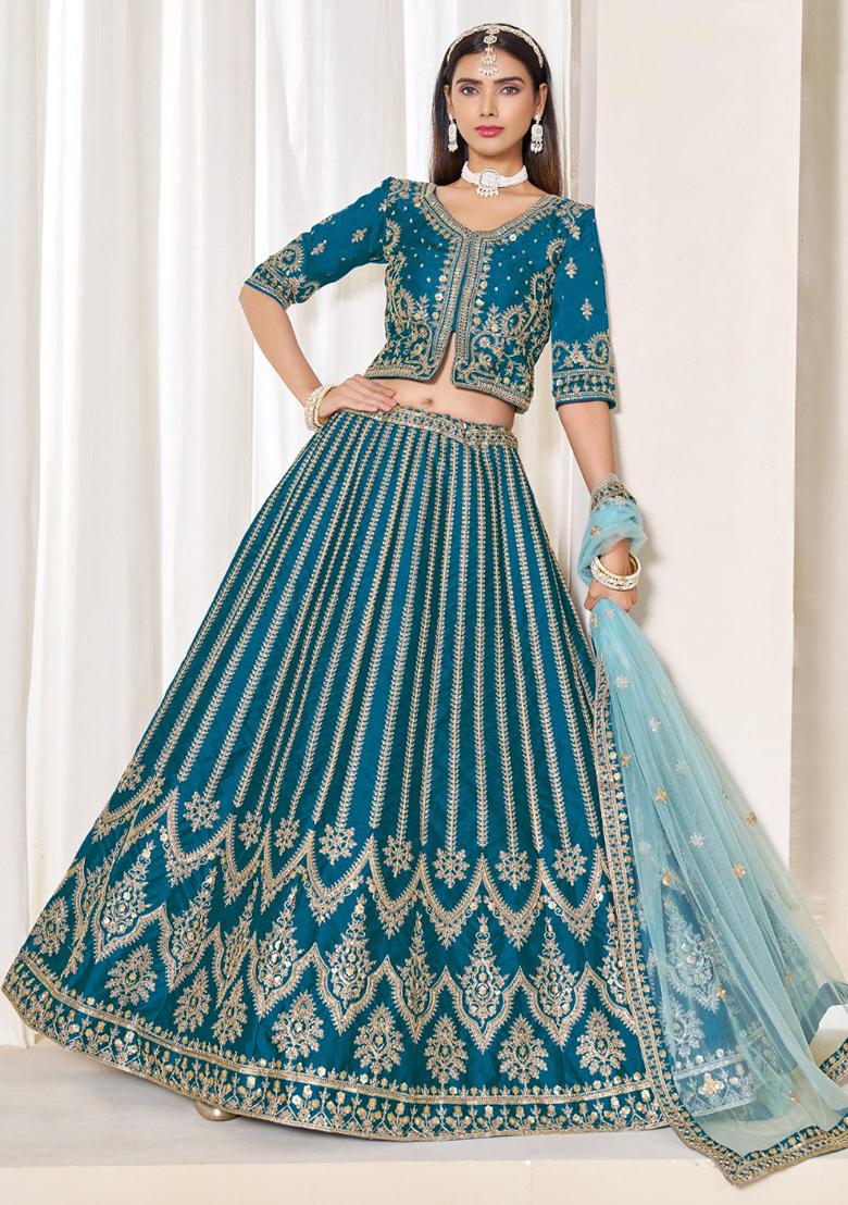 Teal Embroidered Art Silk Lehenga Set - Indya