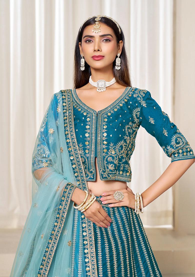 Teal Embroidered Art Silk Lehenga Set - Indya