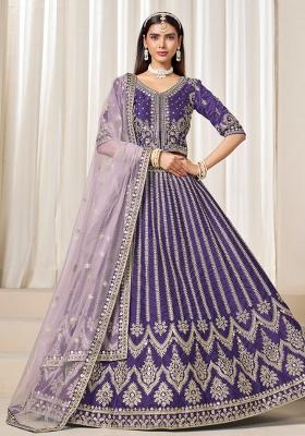 Dark Lavender Embroidered Art Silk Lehenga Set