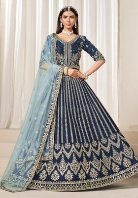 Navy Blue Embroidered Art Silk Lehenga Set