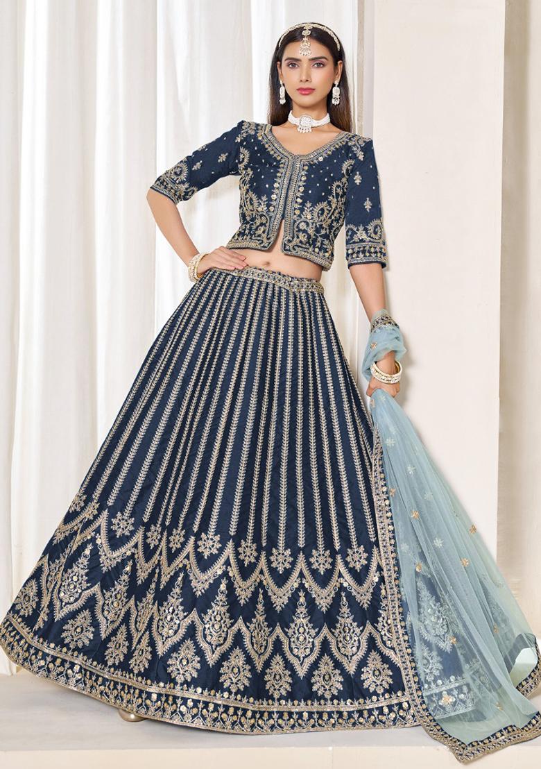 Navy Blue Embroidered Art Silk Lehenga Set - Indya