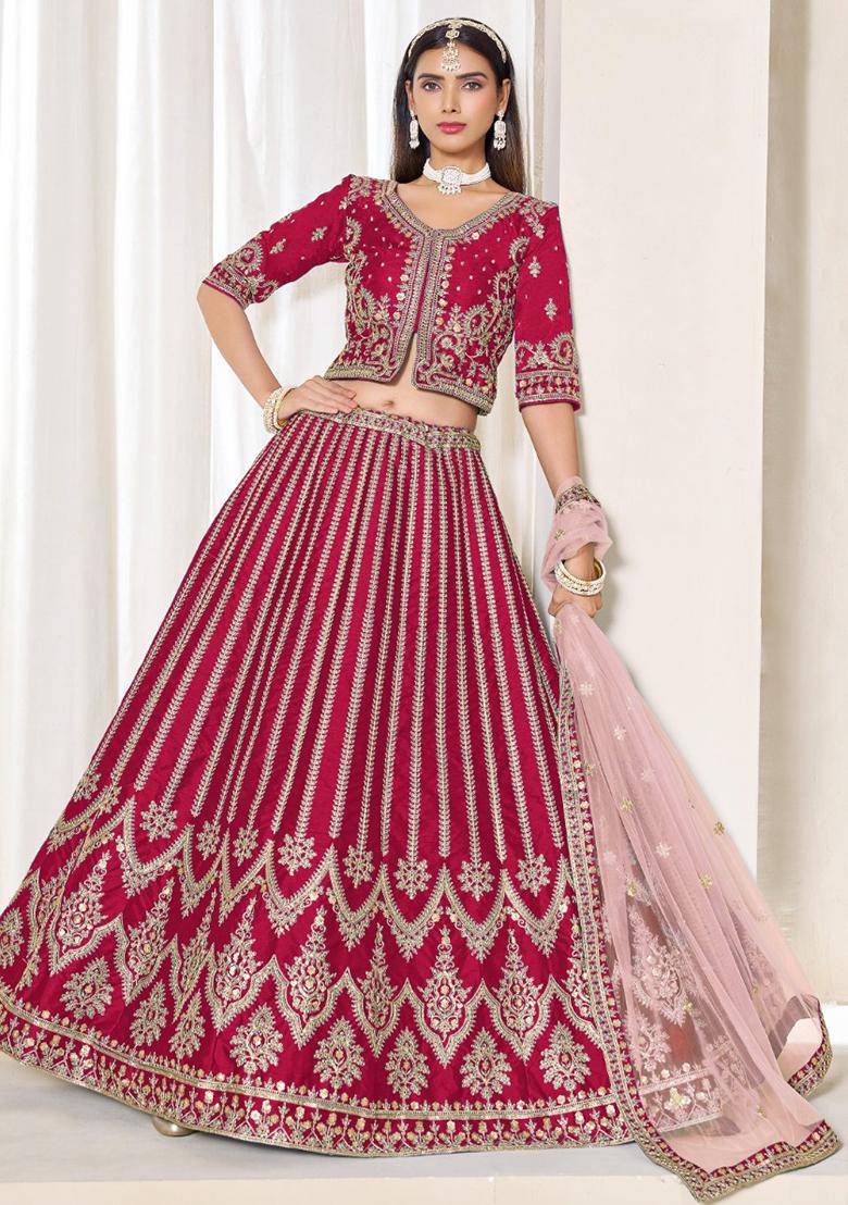 Red Embroidered Art Silk Lehenga Set - Indya