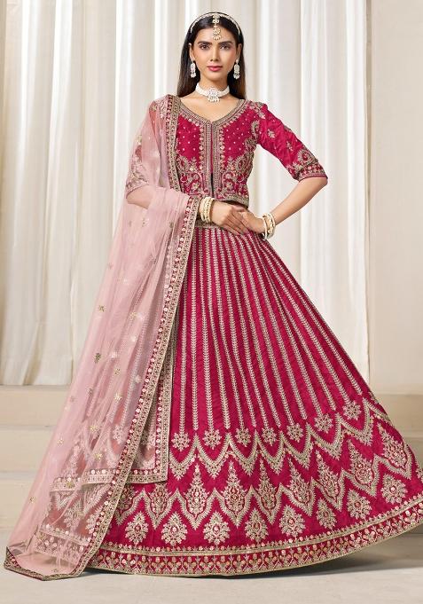Red Embroidered Art Silk Lehenga Set