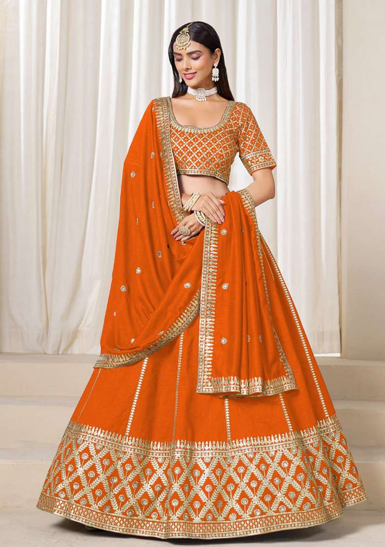 Orange Embroidered Art Silk Blend Lehenga Set for Diwali and Festive Wear - Indya