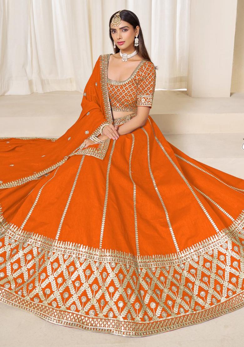 Orange Embroidered Art Silk Lehenga Set - Indya
