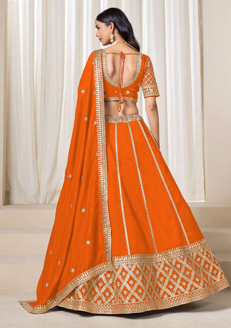 Orange Embroidered Art Silk Blend Lehenga Set for Diwali and Festive Wear - Indya