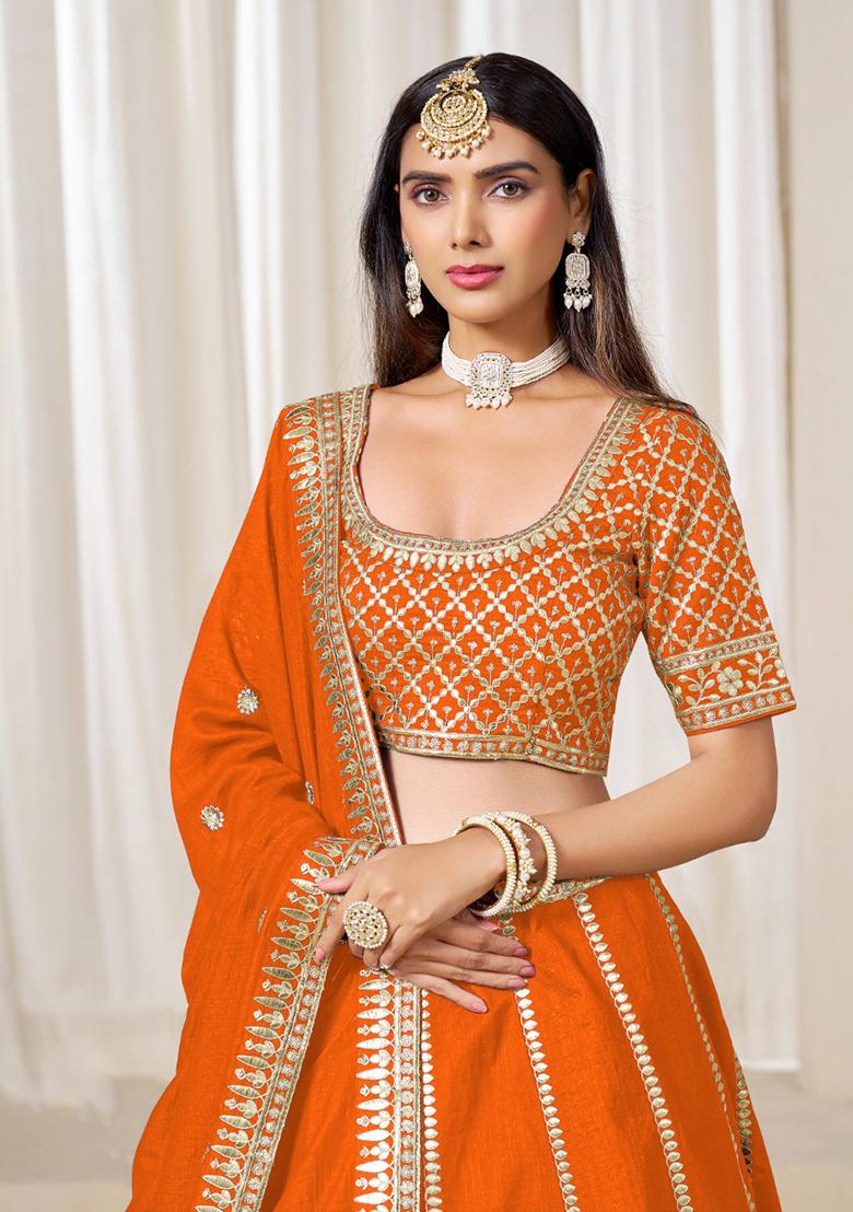 Orange Embroidered Art Silk Lehenga Set - Indya