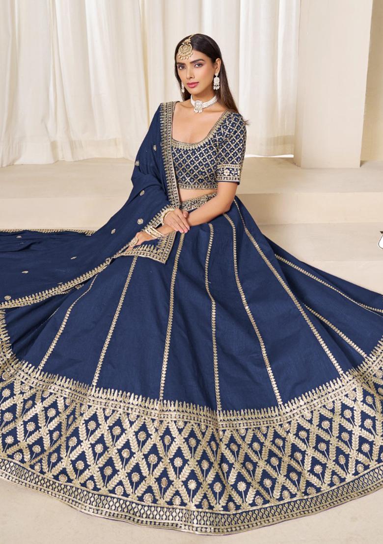 Navy Blue Embroidered Art Silk Lehenga Set - Indya