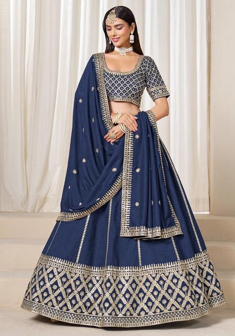 Navy Blue Embroidered Art Silk Lehenga Set