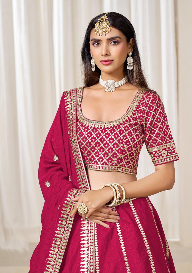 Red Embroidered Art Silk Lehenga Set - Indya