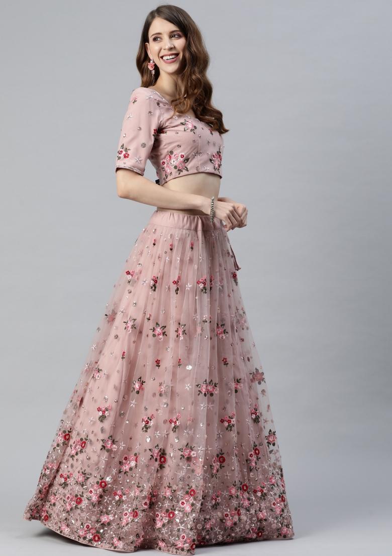 Dusty Pink Thread Embroidery Crepe Lehenga Set - Indya