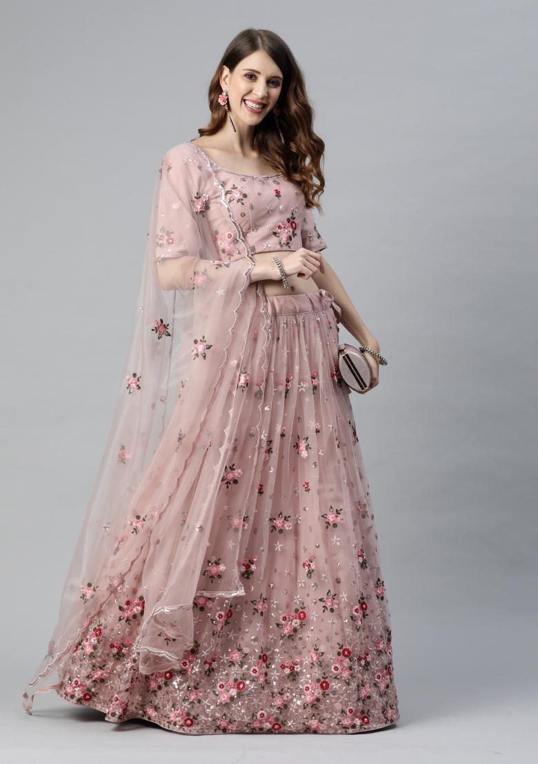 Dusty Pink Thread Embroidery Crepe Lehenga Set - Indya