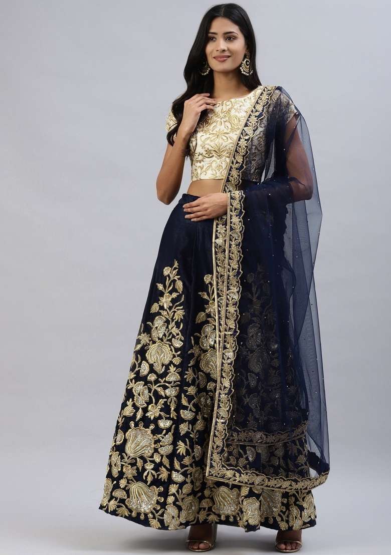 Beige Crepe Lehenga Set with Embroidered for Diwali | Wedding & Festive Wear - Indya