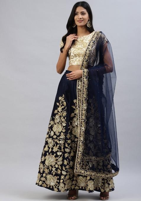 Beige Embroidered Crepe Lehenga Set