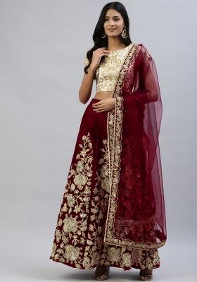Beige Embroidered Crepe Lehenga Set