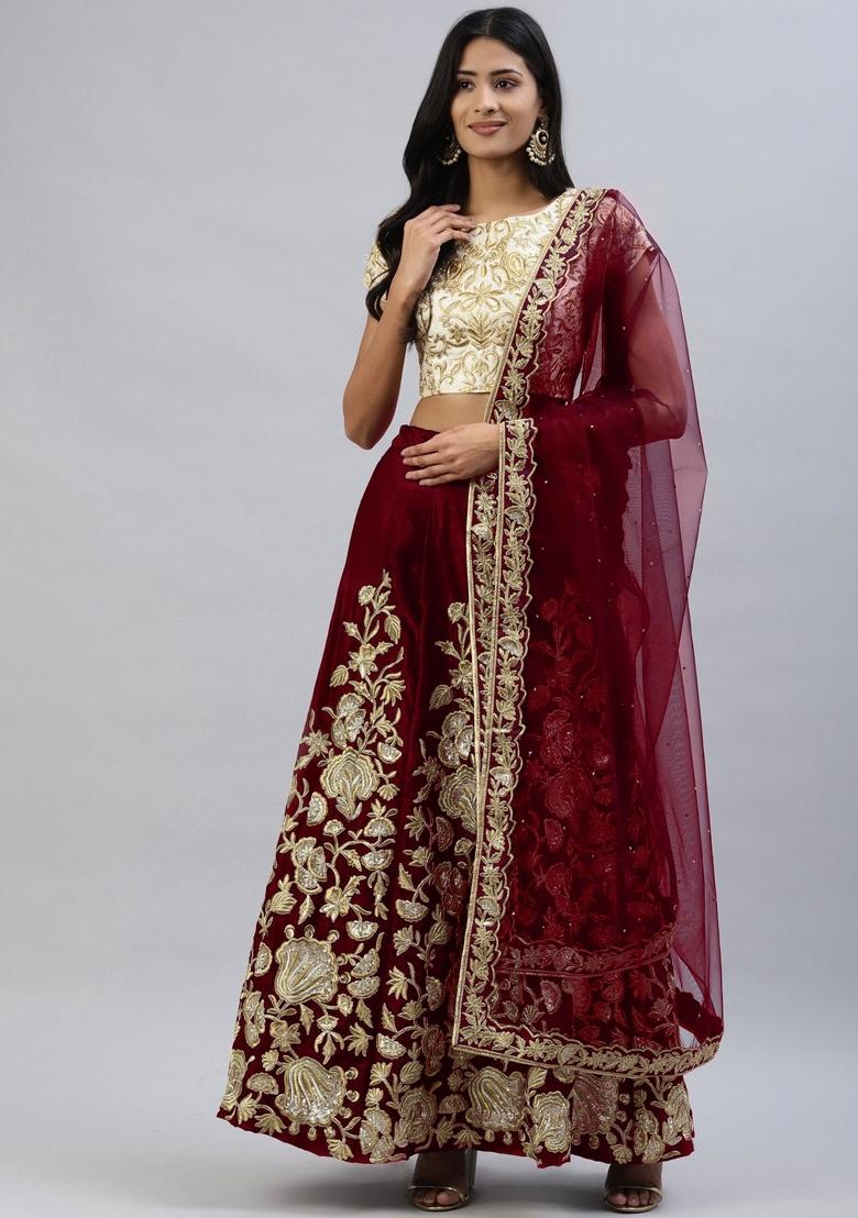 Beige Embroidered Crepe Lehenga Set