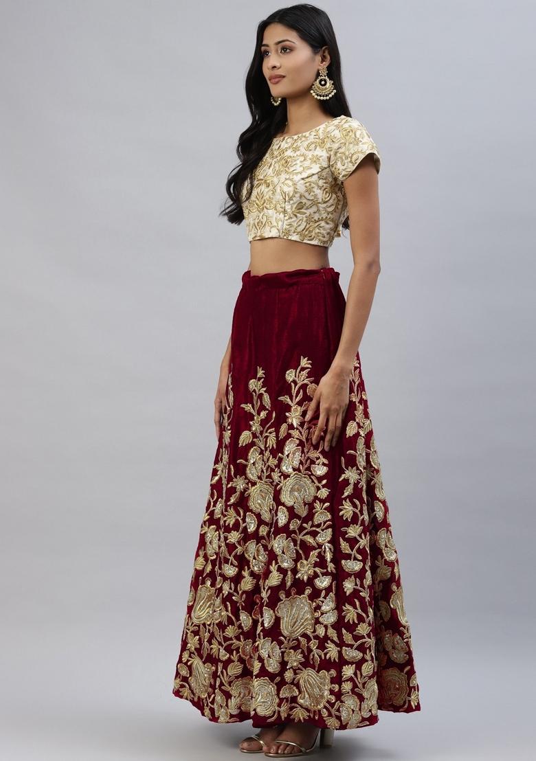 Beige Embroidered Crepe Lehenga Set - Indya