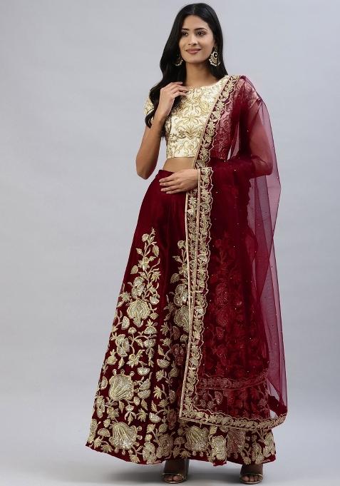 Beige Embroidered Crepe Lehenga Set