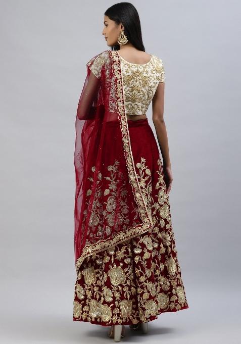 Beige Embroidered Crepe Lehenga Set