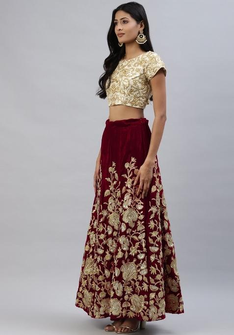 Beige Embroidered Crepe Lehenga Set