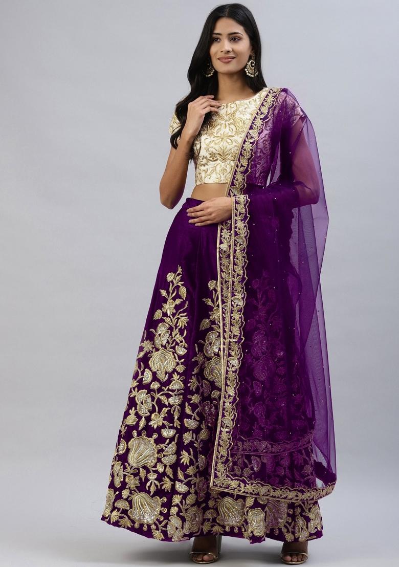 Beige Embroidered Crepe Lehenga Set