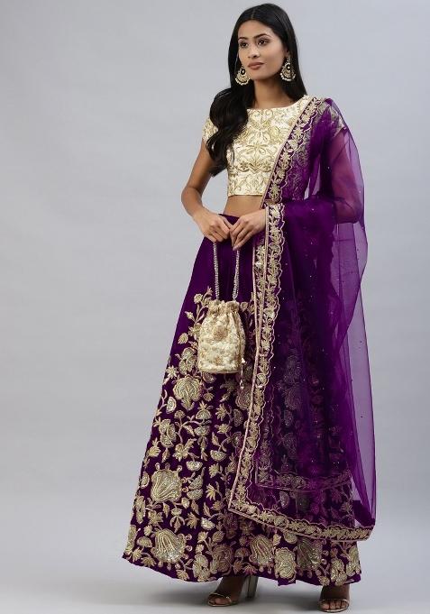 Beige Embroidered Crepe Lehenga Set