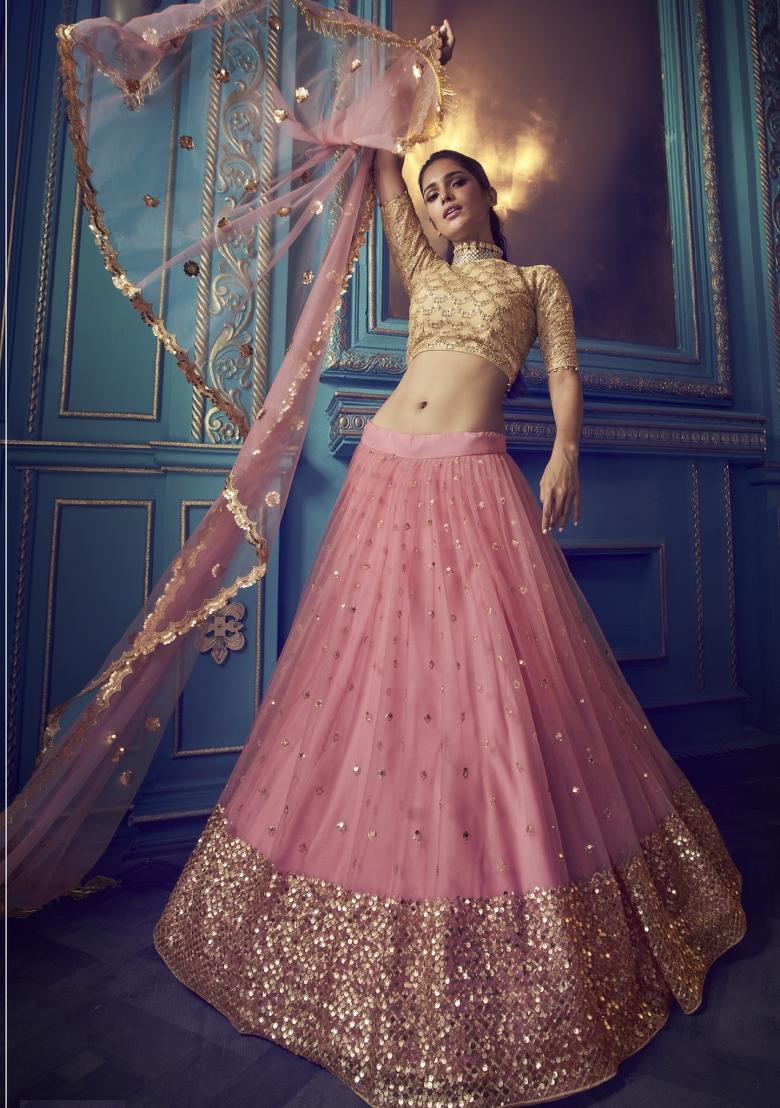 Beige Sequins Work Crepe Lehenga Set
